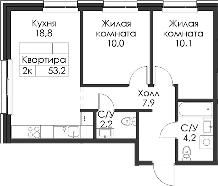 2-комнатная квартира 53.2 м², 1/8 эт., ЖК «Шкиперский 19»